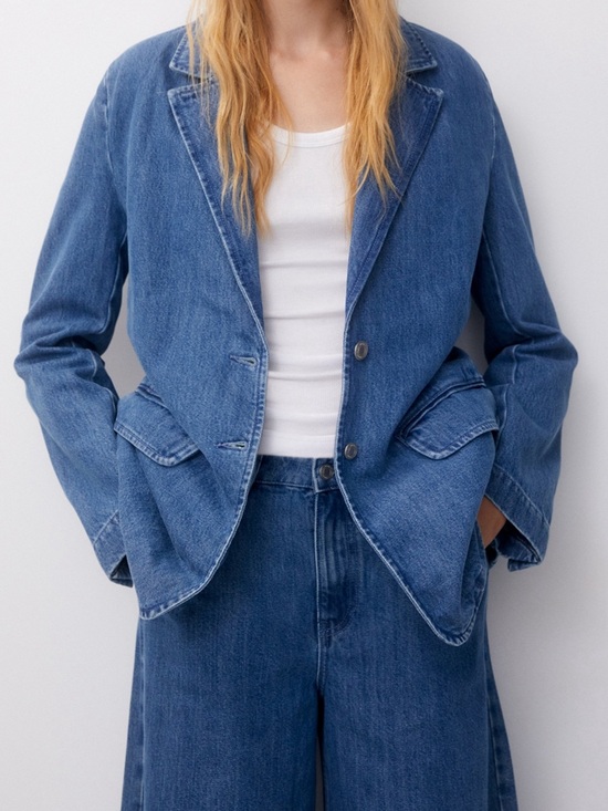 Pull&Bear Jackets & Blazers - Pull&Bear Blue Denim Blazer Jacket Tailored Medium Wash Womens Small